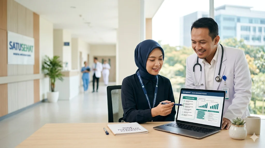 Dua tenaga medis profesional sedang meninjau dashboard data integrasi SatuSehat di laptop dalam ruangan rumah sakit yang cerah dan modern.