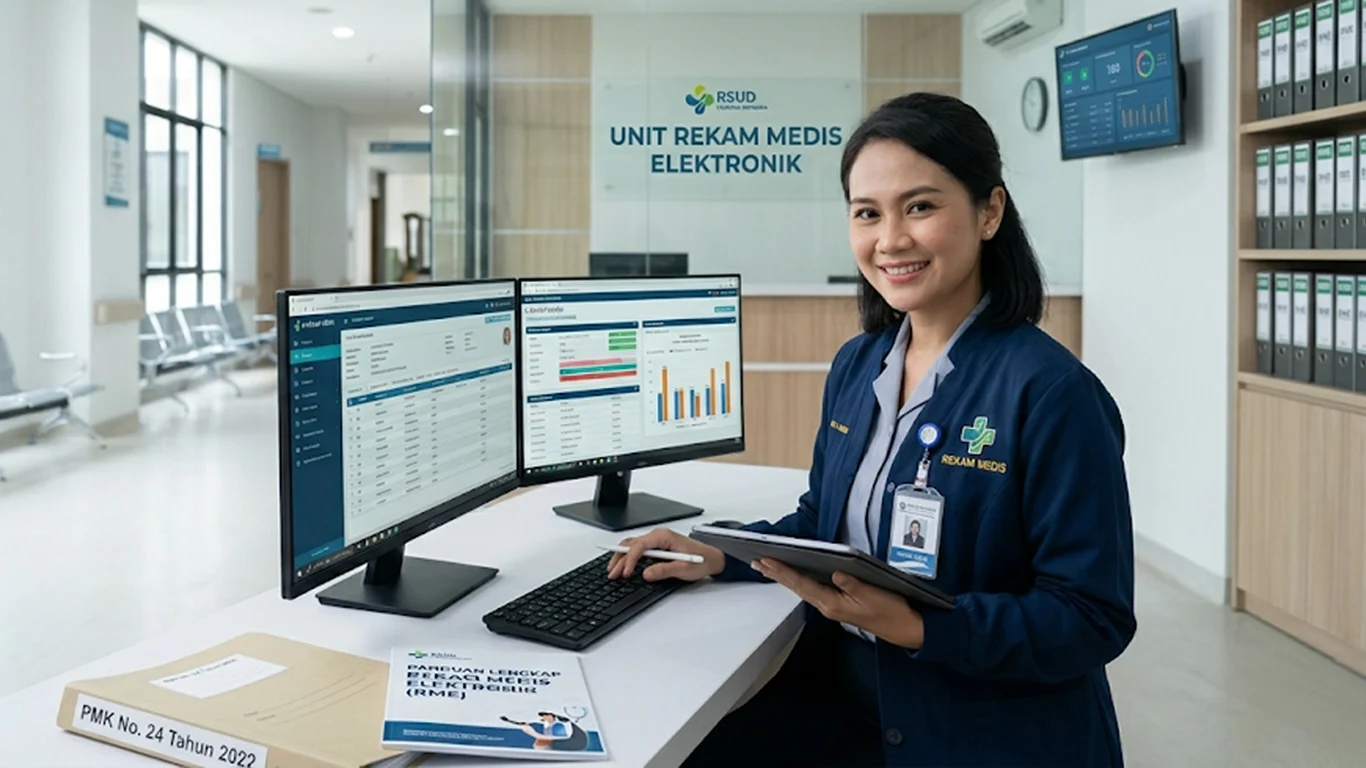 Staf administrasi rumah sakit mengoperasikan sistem rekam medis elektronik (RME) modern.