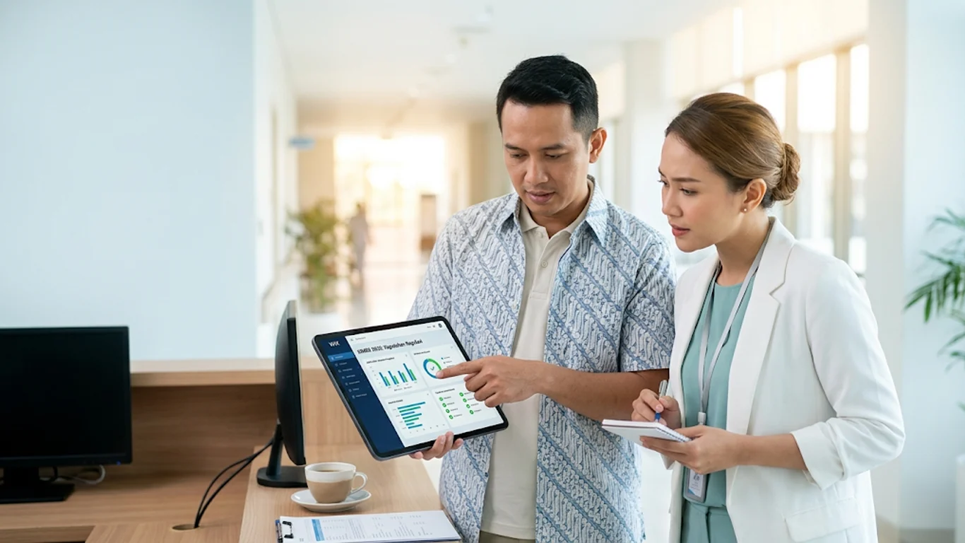 Dua profesional medis sedang meninjau dasbor kepatuhan regulasi SIMRS melalui tablet di lobi rumah sakit yang terang.