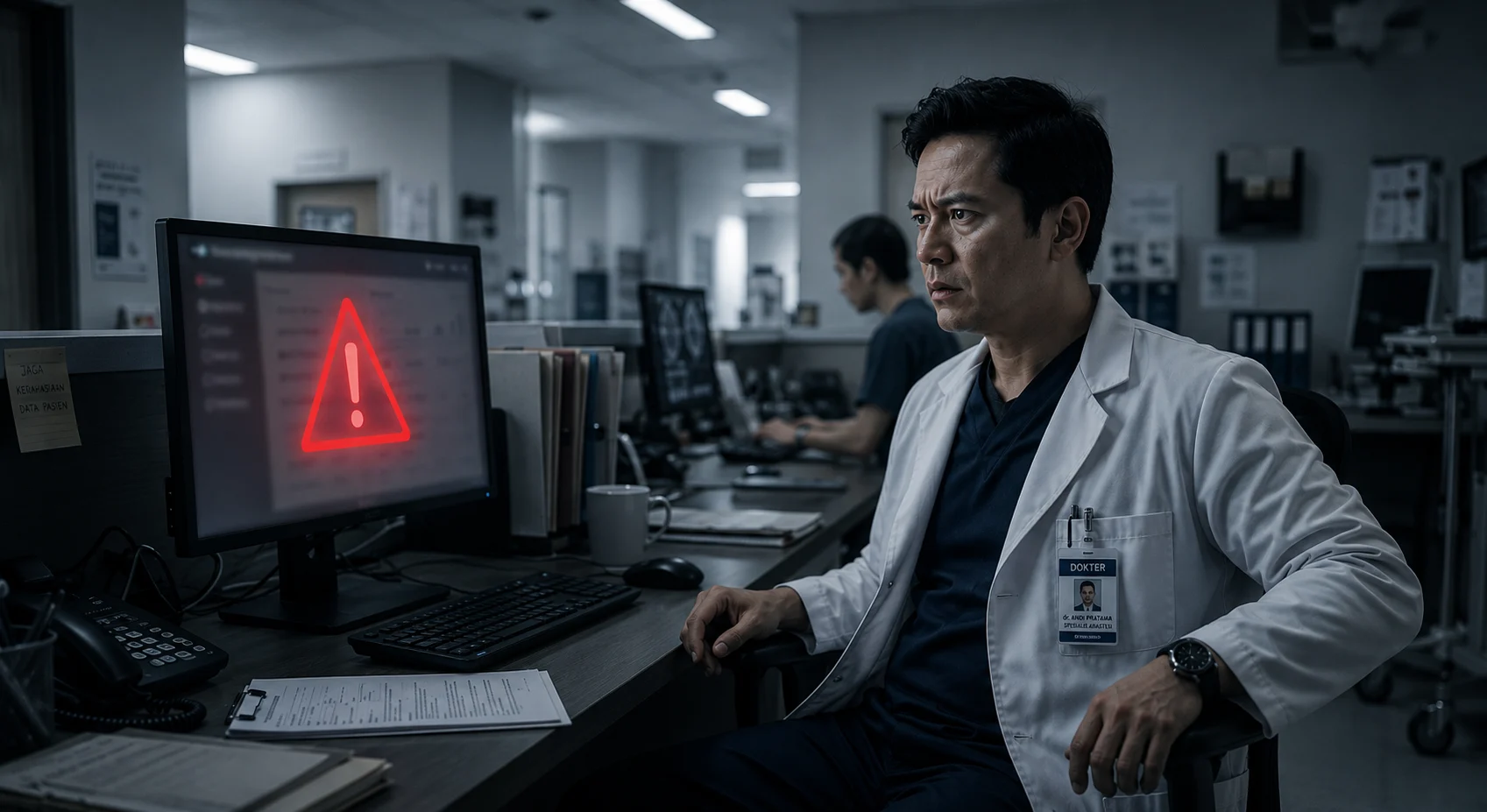 A doctor monitors a hospital information system after a patient data security alert appears on a computer screen.
