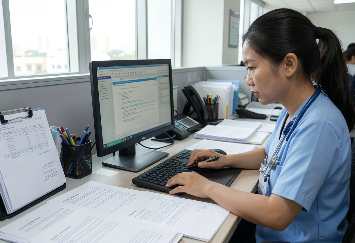 asian hospital admin staff intently reviewing patient records on computer