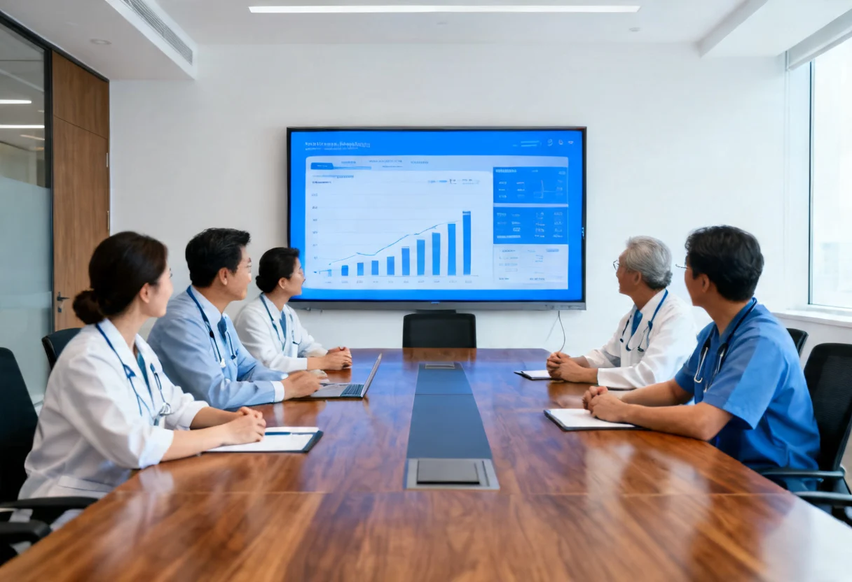 The hospital management team in the meeting room reviews the data on the screen..