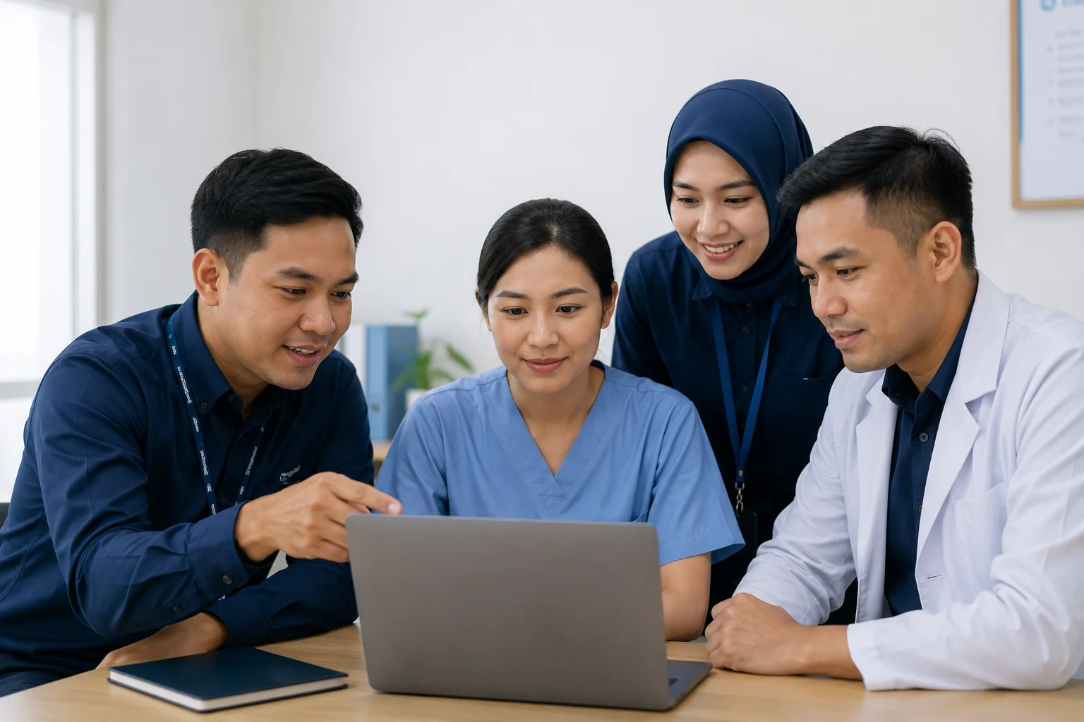 The hospital IT support team assistant and medical staff are looking at laptops while discussing.