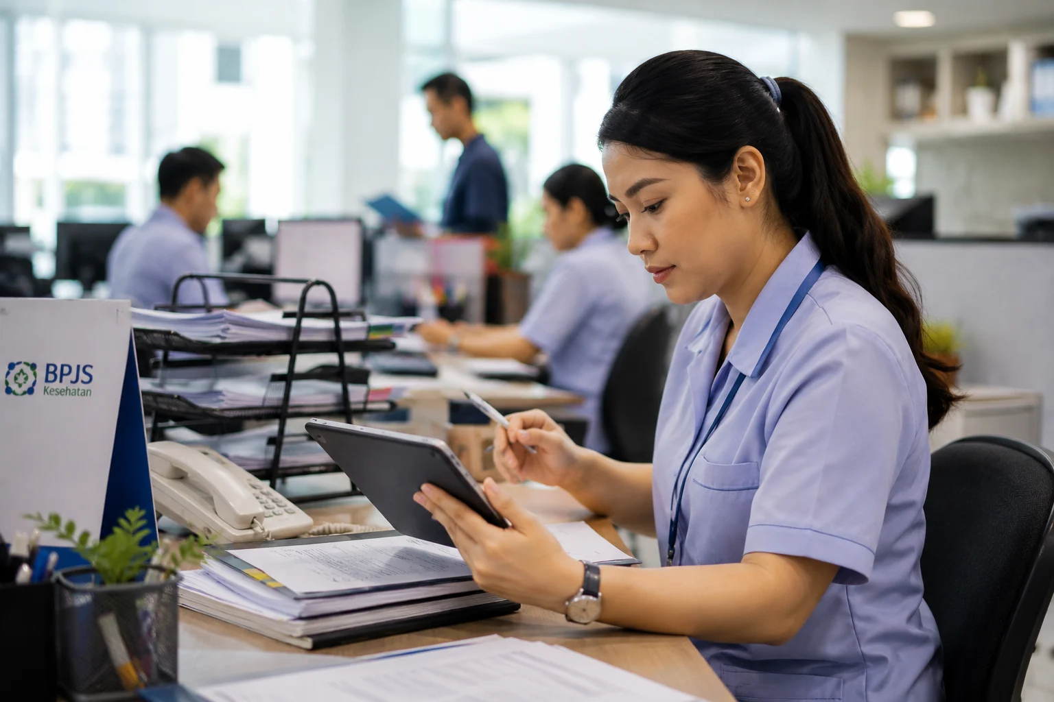 Hospital administration staff in Indonesia monitor a healthcare cost dashboard on a tablet.