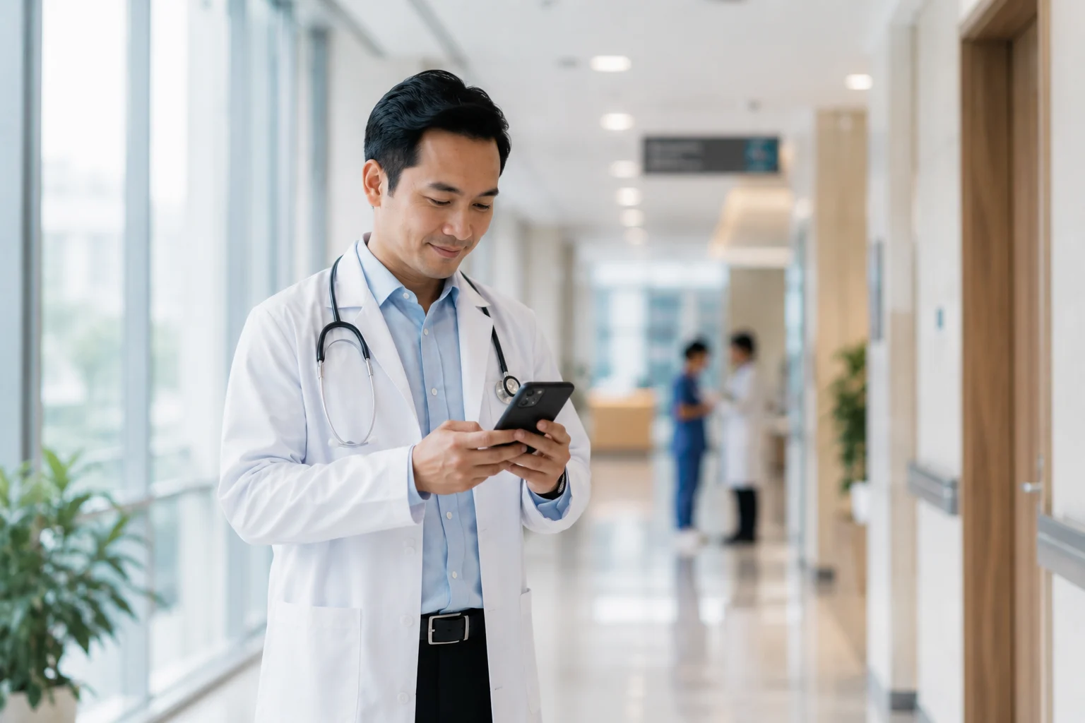 Dokter berseragam putih tersenyum menatap ponsel di lorong rumah sakit terang, dengan staf blur di belakang.