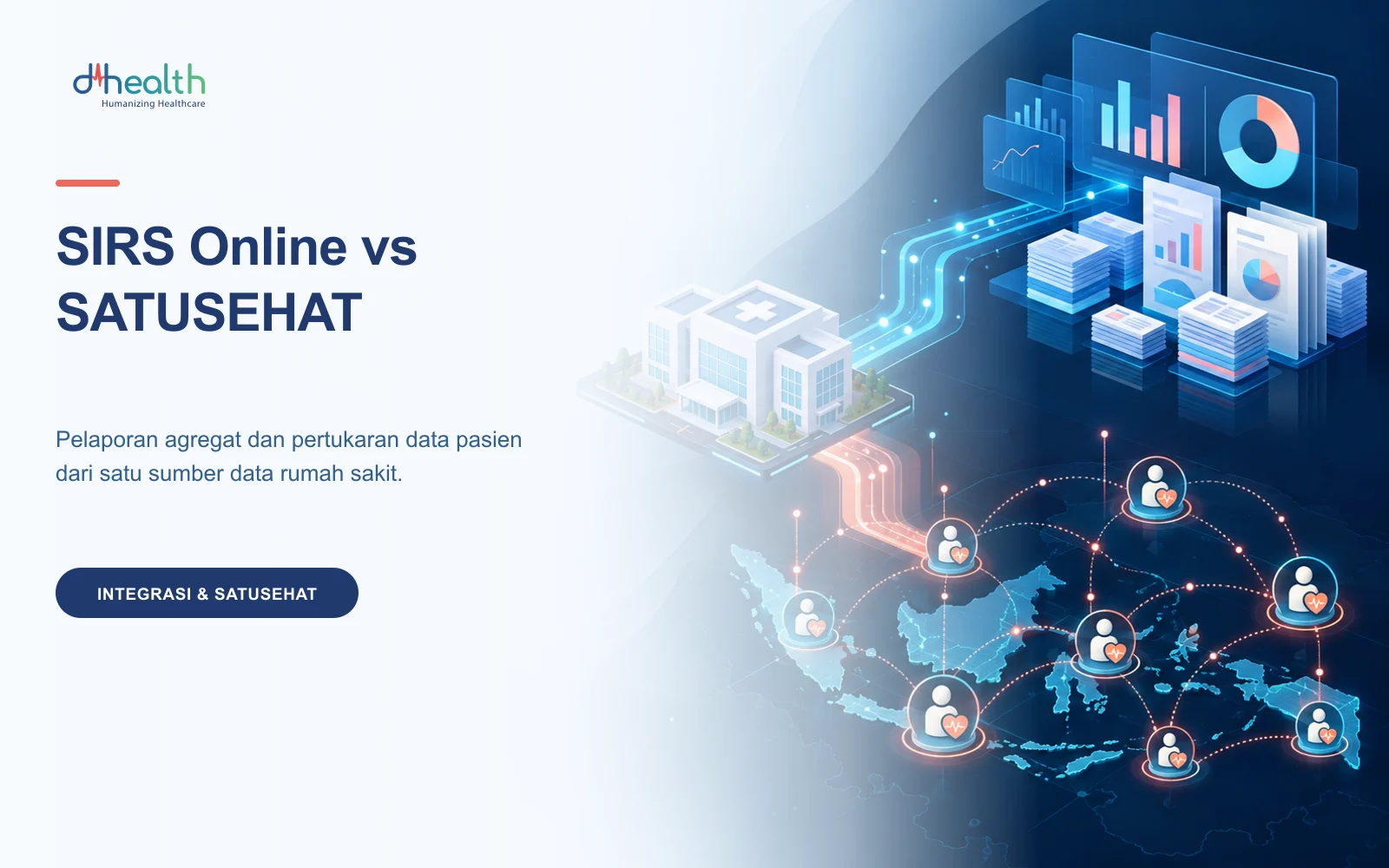 Ilustrasi perbedaan SIRS Online dan SATUSEHAT: pelaporan agregat versus pertukaran data pasien antar faskes