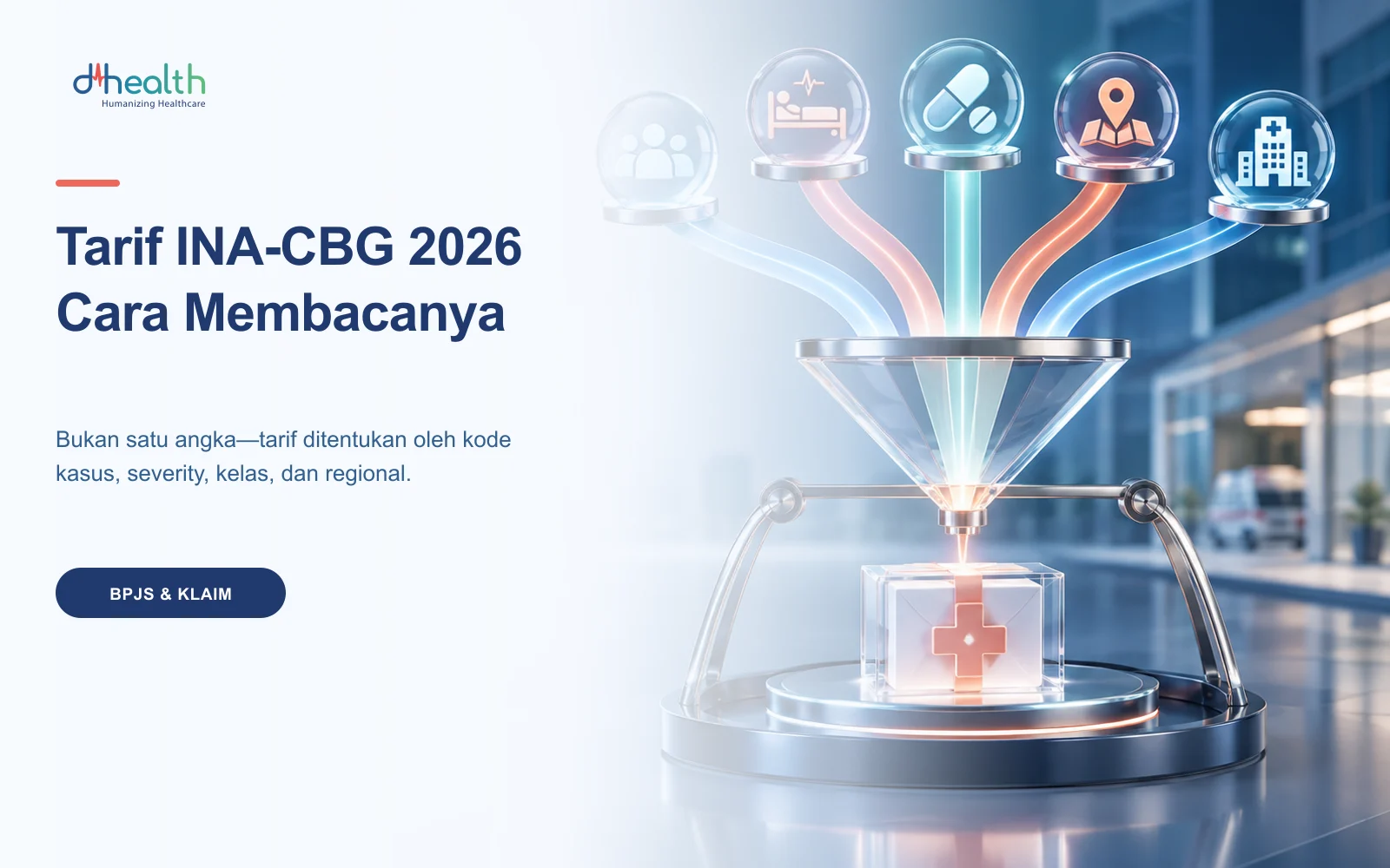 Ilustrasi tarif INA-CBG 2026 dan cara membacanya: tarif ditentukan kode kasus, severity, kelas rawat, dan regional